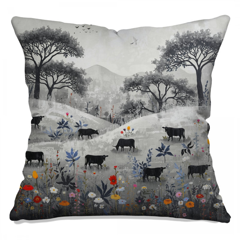 Cows in Black White Landscape - Coussins décoratifs double face, 26 x 26 pouces