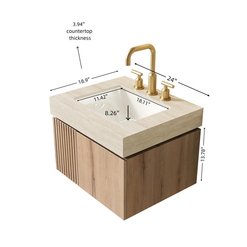 Meuble-lavabo 24 po avec plateau en pierre frittée, Chêne blanc, Beige