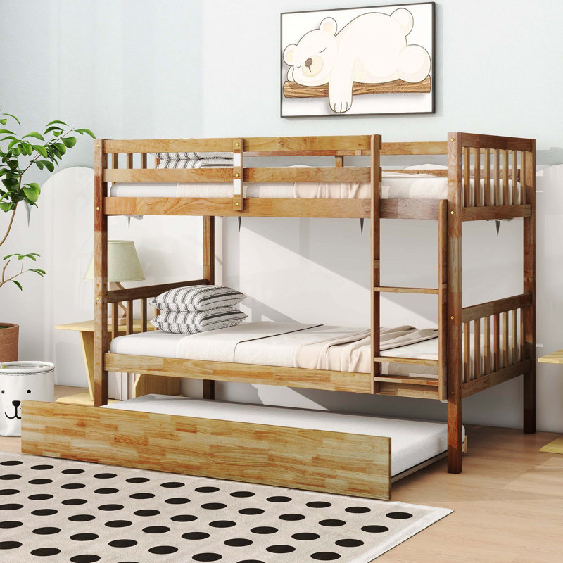 Lit simple superposé en bois d'hévéa simple avec lit gigogne, convertible en 2 lits simples avec échelle et garde-corps, chêne blanc