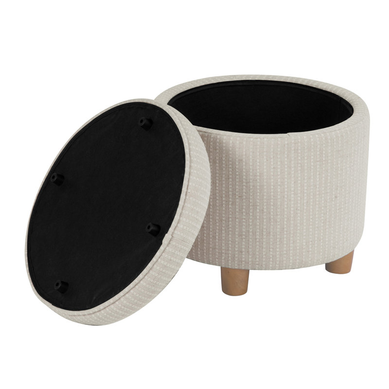Mayen 19" Wide Round Storage Ottoman, White Stripe Woven