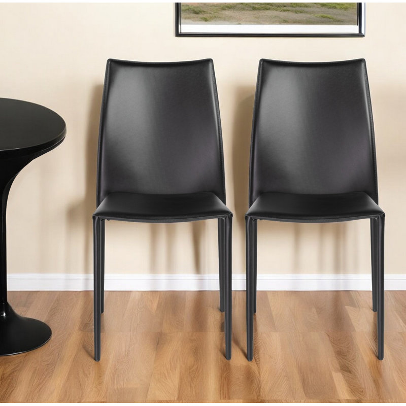 Two Pieces of Irmingard Premium All Black Leather Match Stacking Dining Chairs, Black, Black