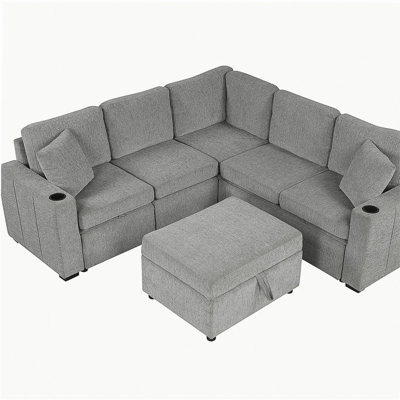 Canapé modulaire en L 84,7 po Canapé convertible en L avec repose-pieds de rangement amovible gris