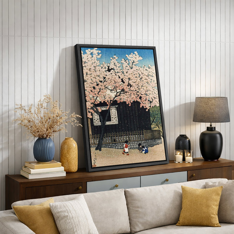 Cherry Blossom Courtyard Scene Artwork, Japanese Spring Landscape Pictures, Framed Canvas Giclee Print Wall Art