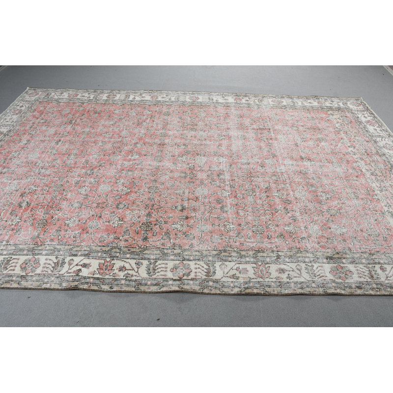 Grand tapis turc vintage en laine Oushak rouge et neutre pour la salle à manger