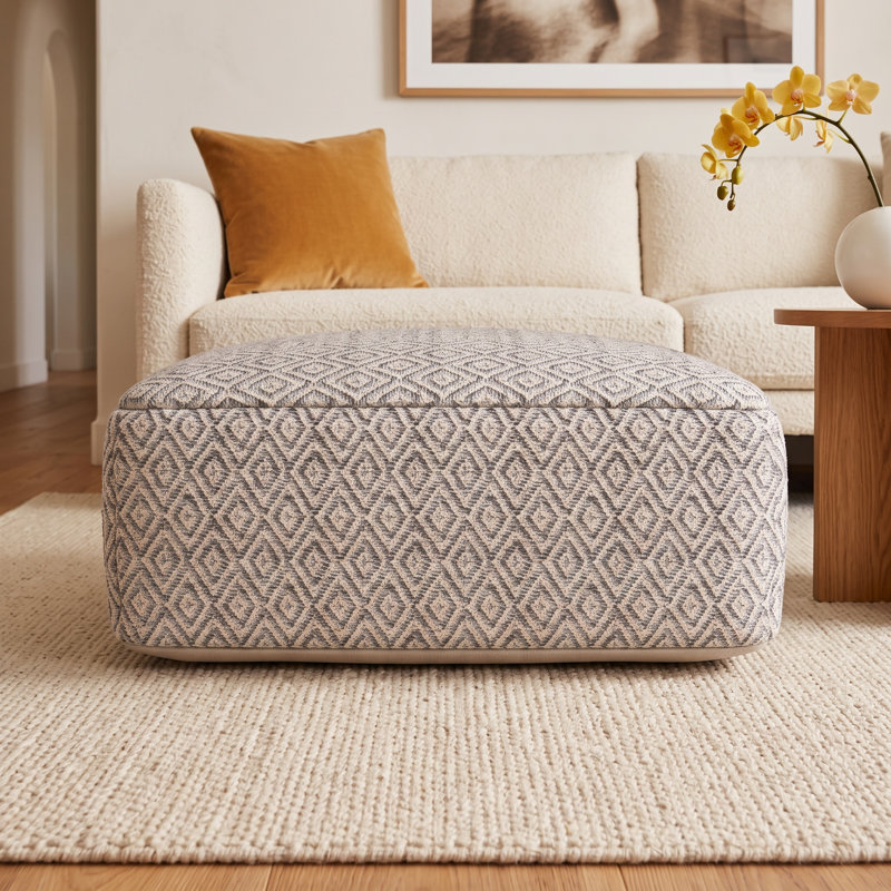 Iyanola 34'' Wide Square Geometric Pouf Ottoman, Beige/Gray