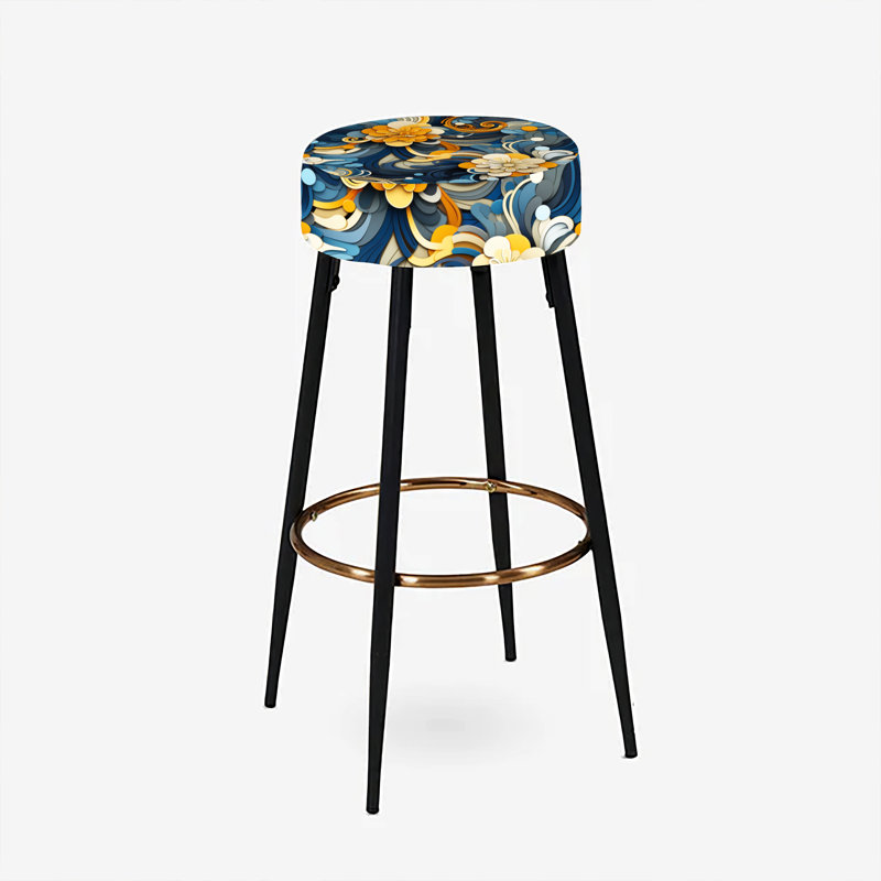 Ensemble de 2 tabourets de bar abstraits orange et bleu à motif floral orange et bleu
