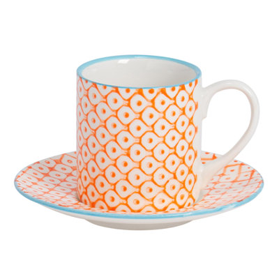Nicola Spring - Hand-Printed Espresso Cup & Saucer Set - 65ml - Orange