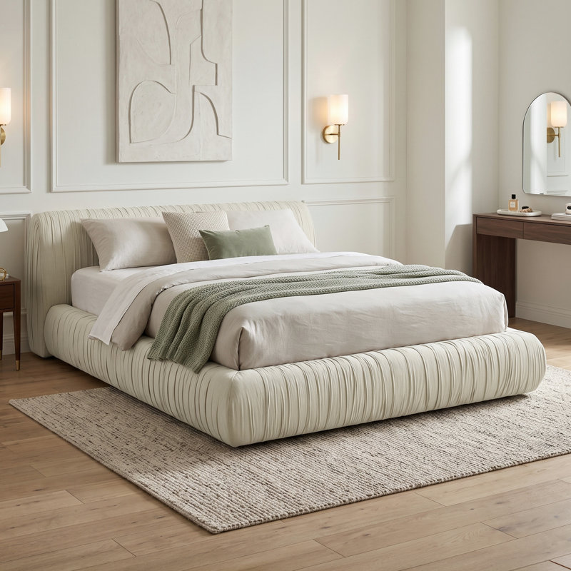 Clenton Pleated Upholstered Platform Bed, Queen, Ivory