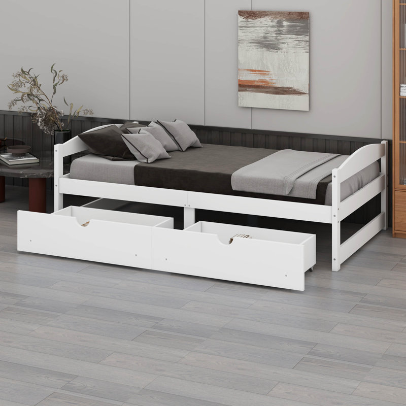 Lit plateforme simple avec 2 tiroirs de rangement, lit de jour en bois avec support à lattes, tête et pied de lit, Blanc