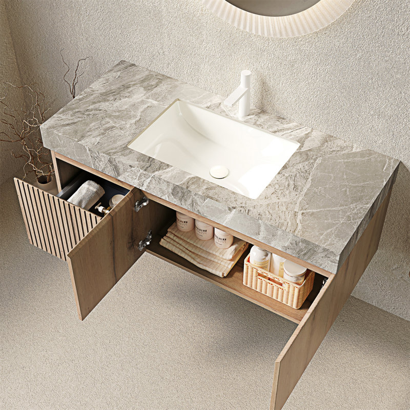 Meuble-lavabo mural avec lavabo, Gris clair, Chêne blanc