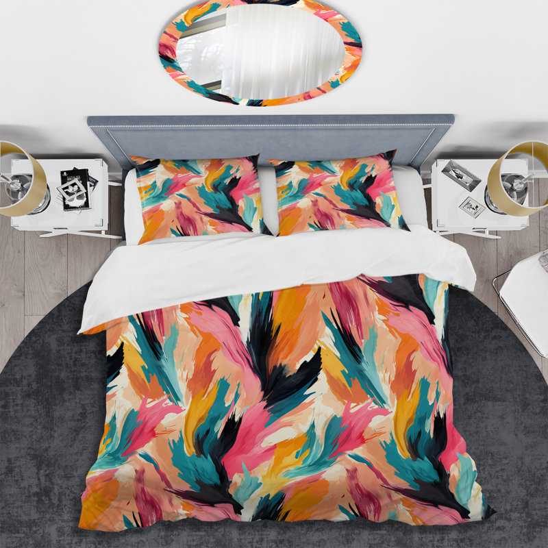 Ensemble de housse de couette abstrait coloré Ikat Symphony I - coloré, Housse de couette simple + 1 taie décorative stan