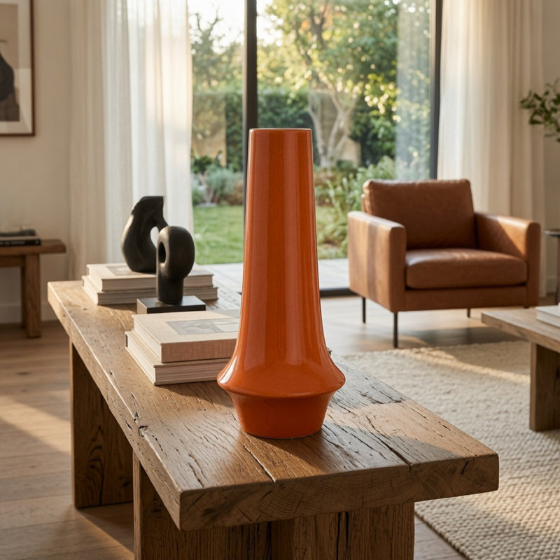 Vase décoratif Seny, col étroit, base évasée, céramique orange 16 po