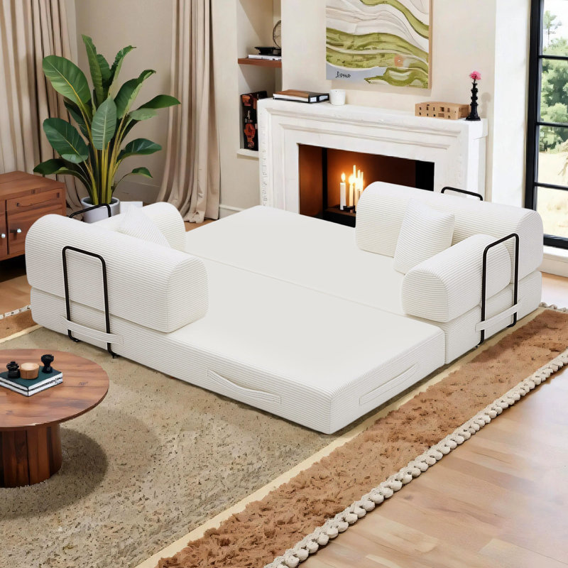 5-in-1 Convertible Sofa Bed - No Assembly Required, 78.7" Oversized Sleeper Sofa, FrameLess Boneless Couch & Removable Washable Corduroy Covers, Includes 2 Pillows, Beige