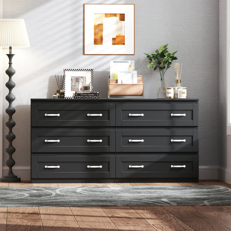 Commode d'appoint moderne noire à 6 tiroirs, Noir