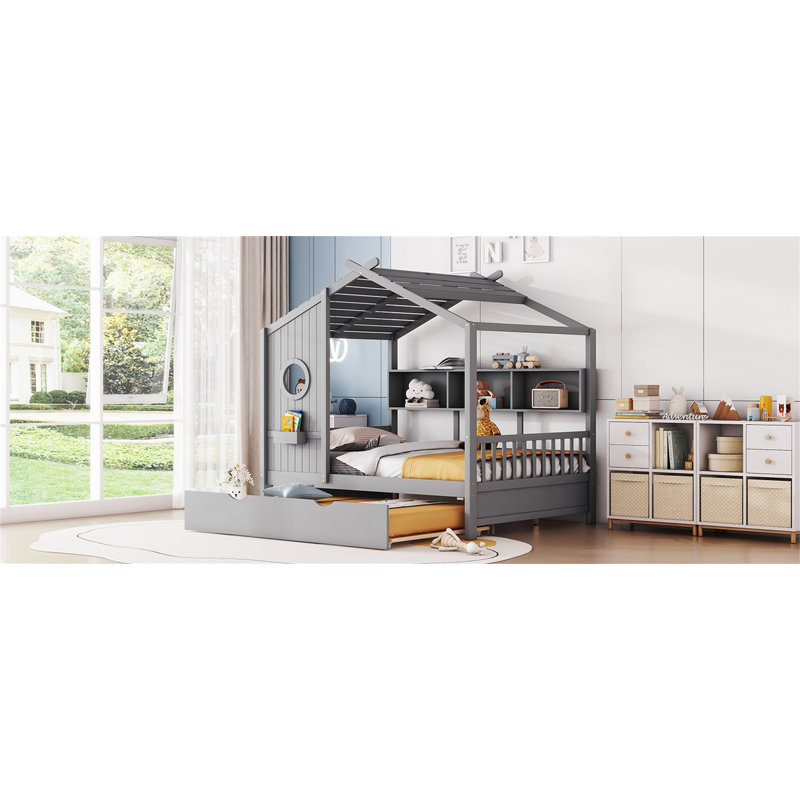 Lit simple en bois avec lit gigogne en bois, conception moderne pour enfants avec tablette de rangement, Gris, Double