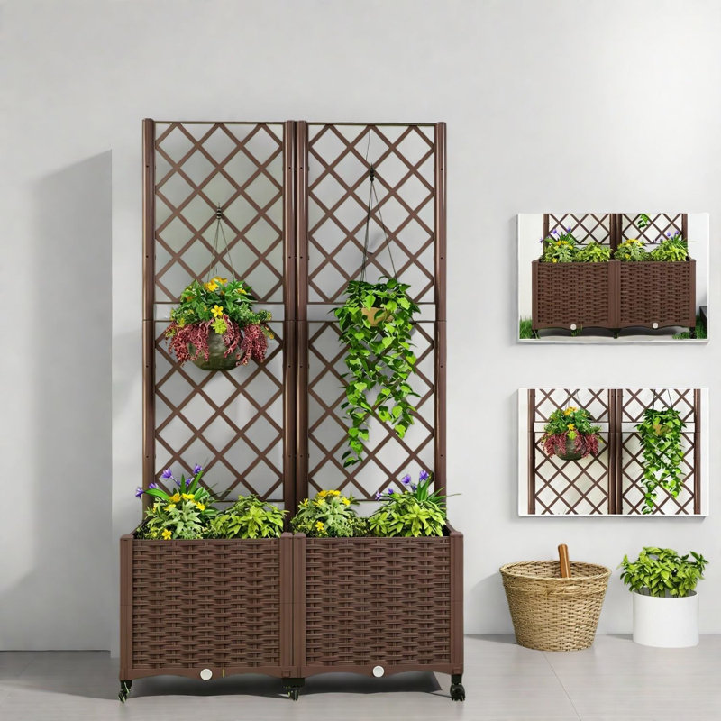Grandes jardinières mobiles avec treillis, style rustique en polypropylène pour patio