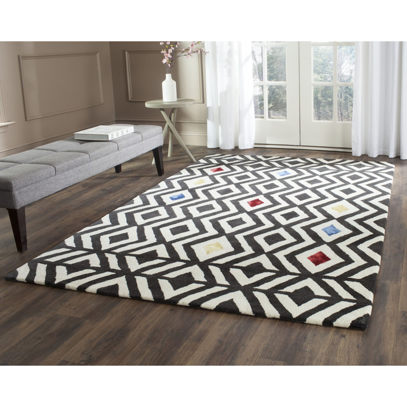 Tapis noir en laine touffeté à la main Sandweiler, Rectangle 3 pi 6 po x 5 pi 6 po