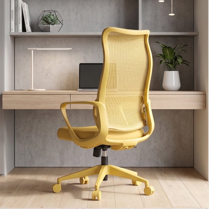 Chaise de bureau ergonomique en filet à haut dossier avec support lombaire réglable, pivotant à 360 degrés, Jaune, Jaune