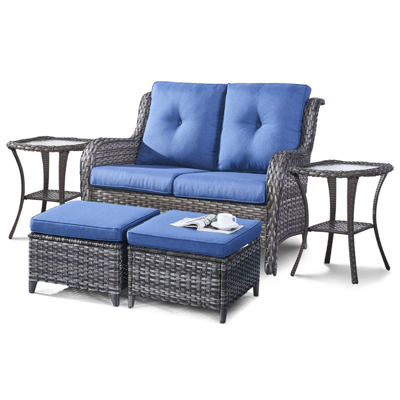 Ensemble de conversation avec canapé et coussins 5 pièces Bonia, Bleu