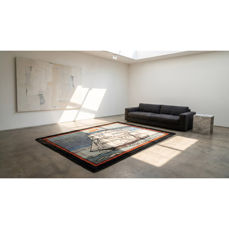 Artistic Antique Scenic Nautical Maritime Design Ship Pattern American Folk Art Hooked Rug