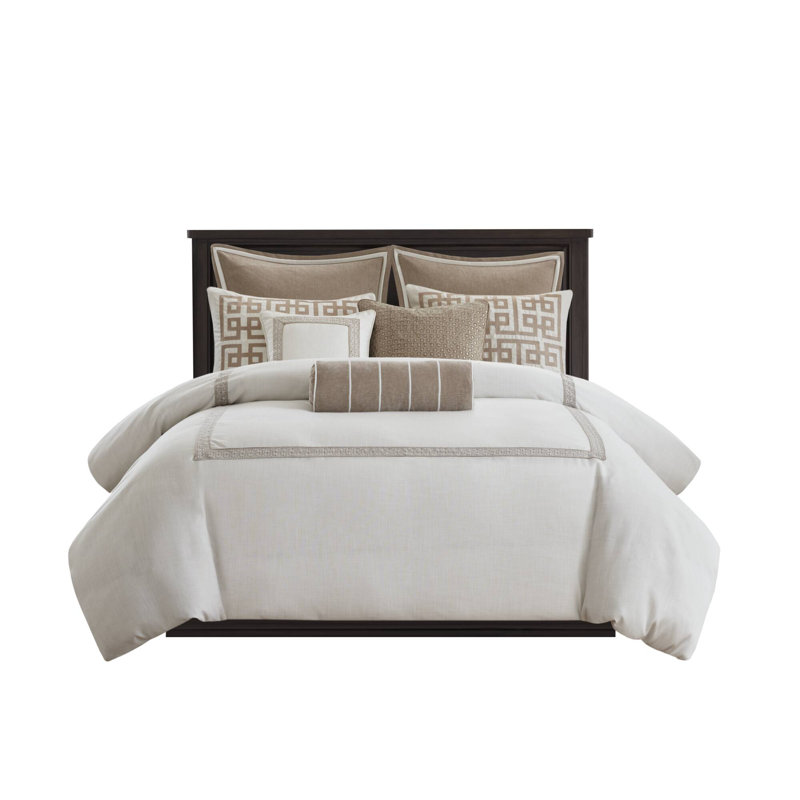Jarvis Embroidery Oversized Duvet Style 9-Piece King Comforter Set, King Comforter + 7 Additional Pieces, Tan/Ivory