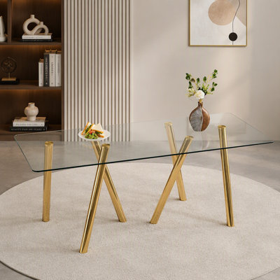 Table de salle à manger en verre trempé de 71 pouces avec pieds en métal robustes