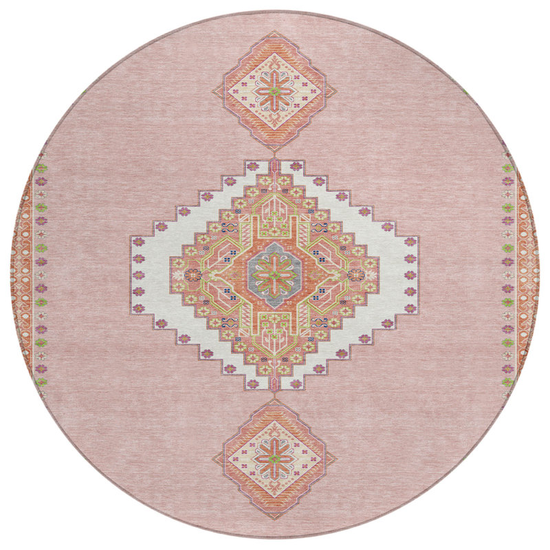 Tapis rond lavable intérieur 8 pi rose vert et ivoire