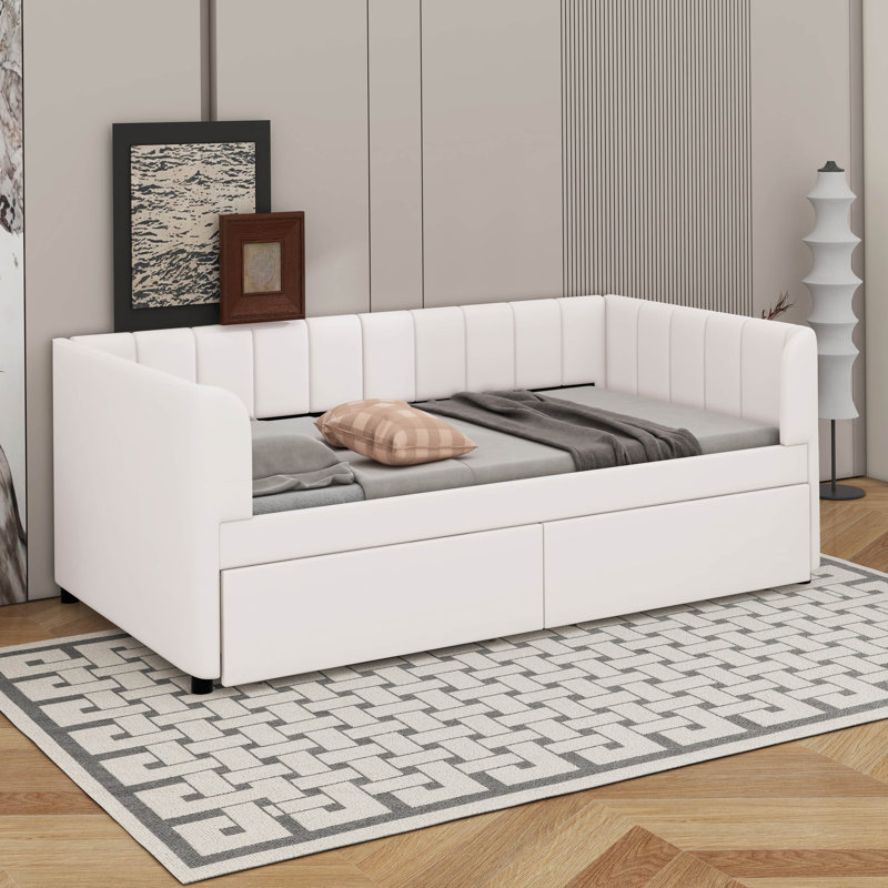 Lit de jour simple tapissier avec tiroirs, Beige