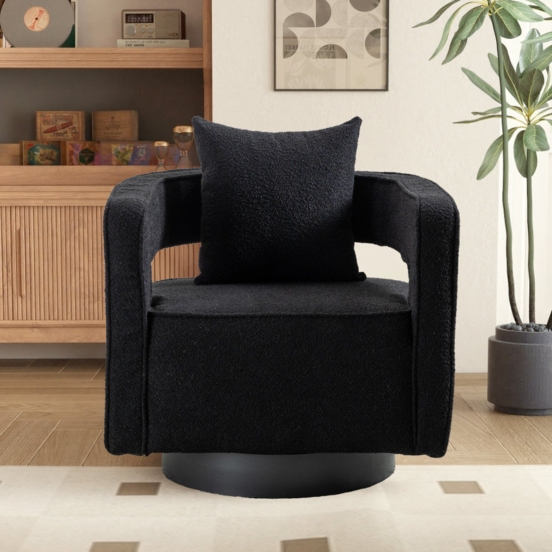 Fauteuil demi-tonneau moderne pivotant avec dossier ouvert, Bouclé noir
