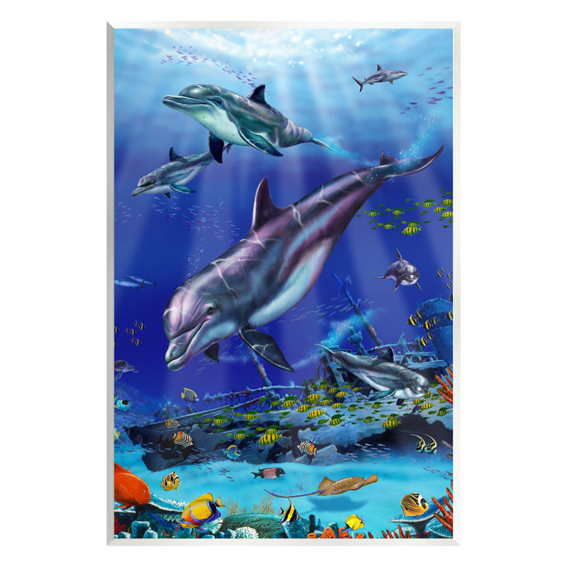 Au-487-Estampe numérique dauphins et poissons par Interlitho, peinture, H 20 po x l 16 po x P 1,5 po