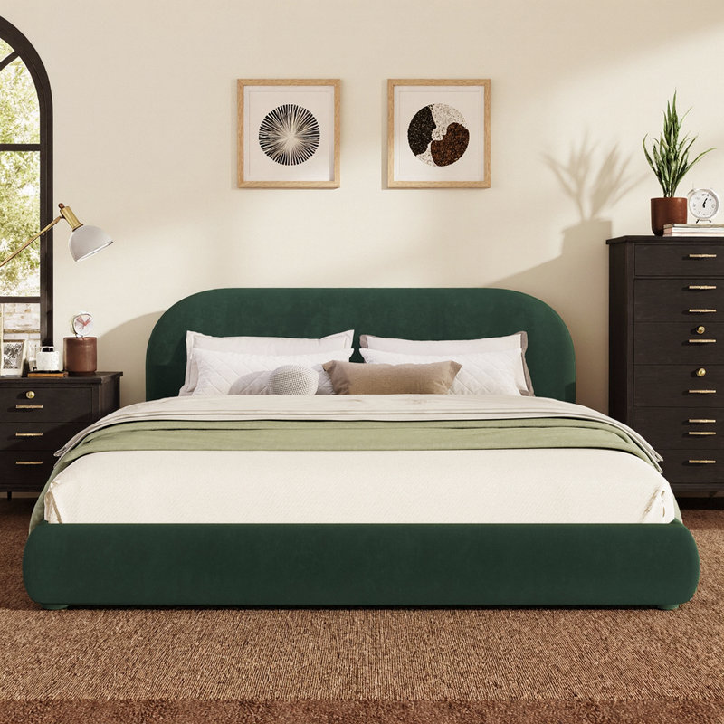 Grand lit plateforme en velours de luxe avec tête de lit courbée, Queen, Green