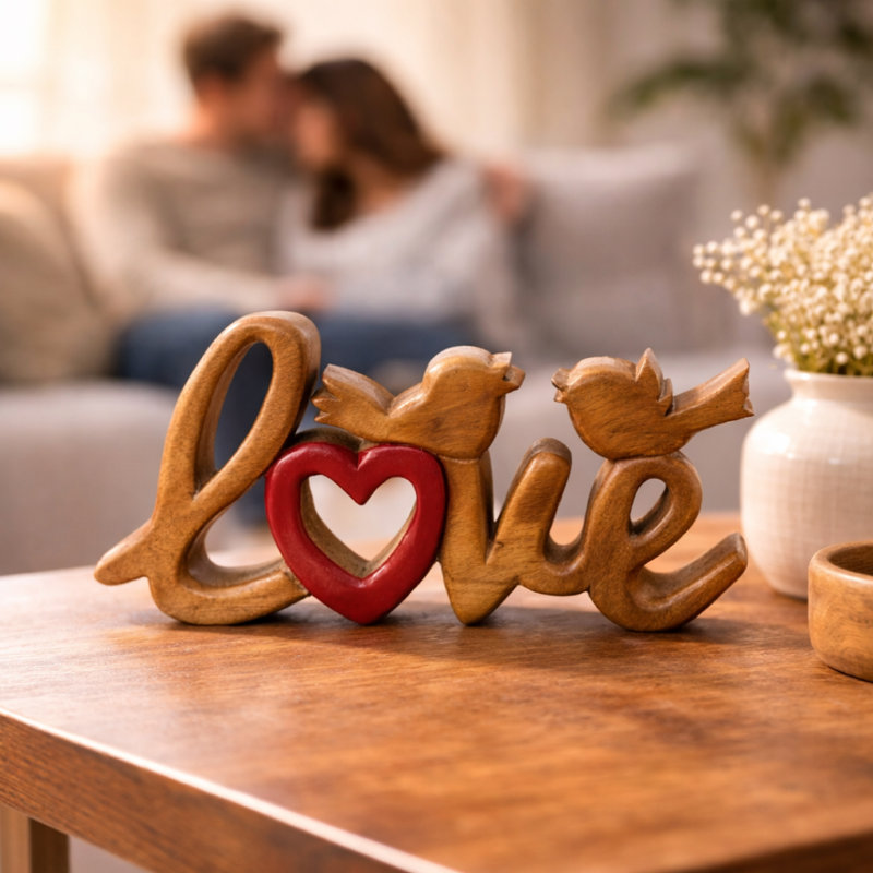 Handmade Sculpture of Love Word with Two Birds and Love Symbol Valentines Decor Wooden Art for Home Decor