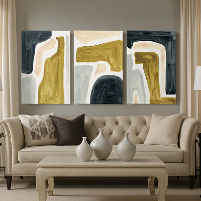 Brushy Shapes I  -Custom Wrapped Gallery Canvas - 3 Pieces