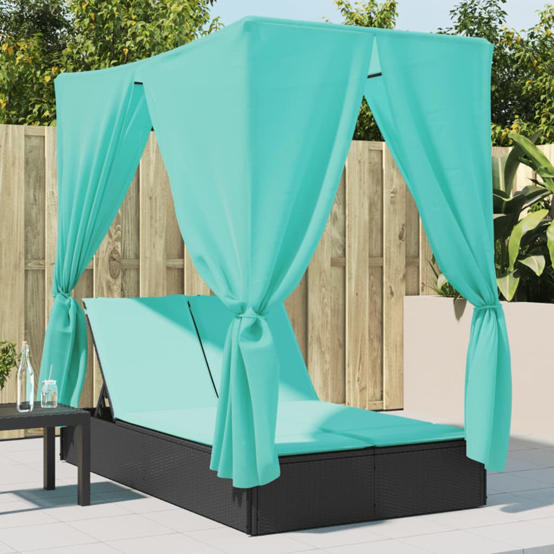  Double méridienne double avec toit et rideaux en poly rotin noir, Coussin turquoise / structure noire