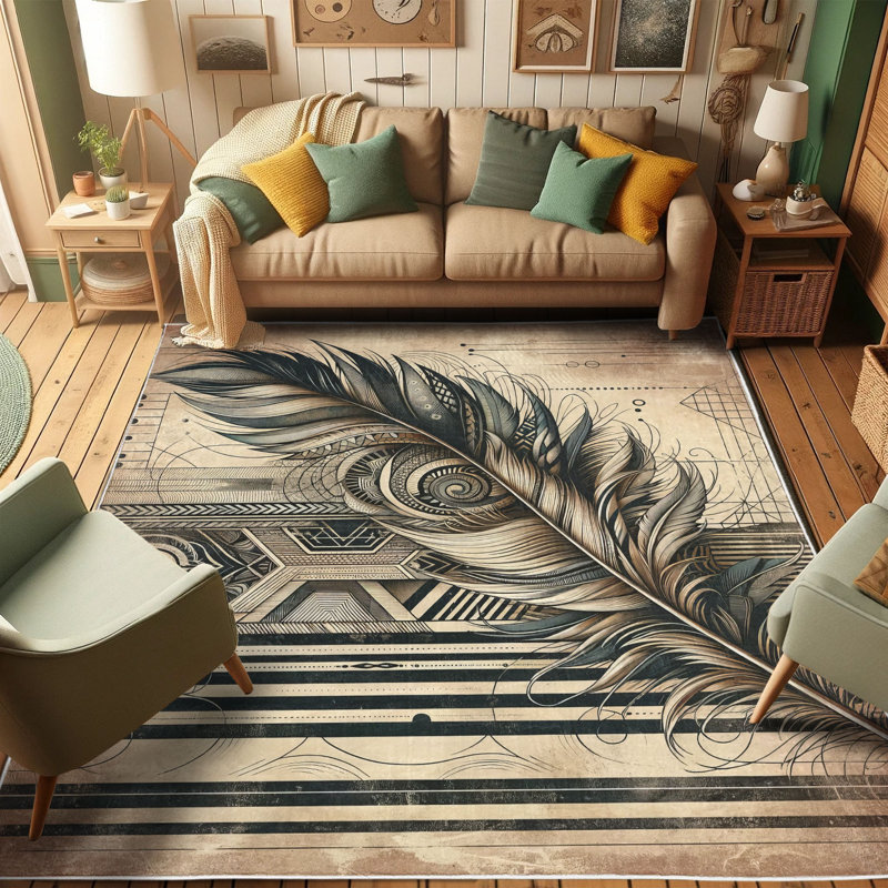 Bohemian Feather Design Blue and Beige Synthetic Area Rug
