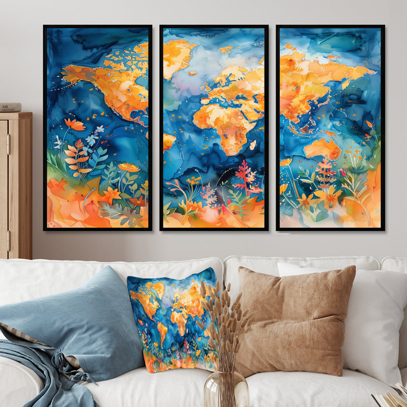 Carte du monde orange et bleu - ensemble de décoration murale carte du monde, H 28 po x l 36 po x P 1 po 