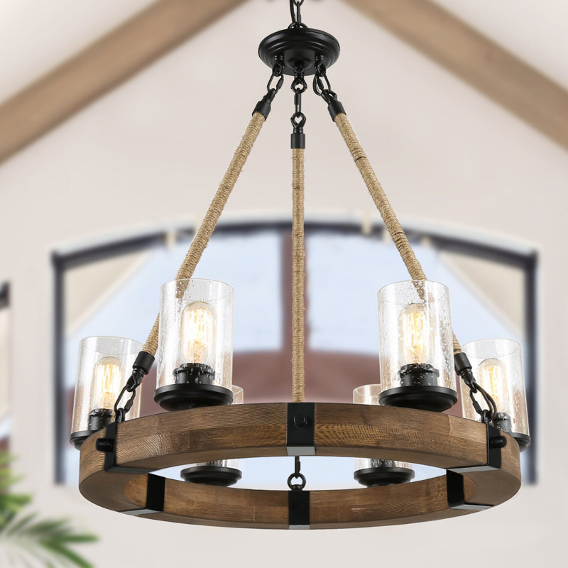 Lustre de style campagnard moderne à 6 lumières avec abat-jour en bois Gatlin