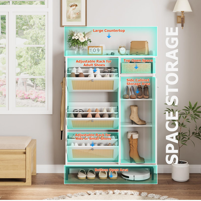Slim Rattan Shoe Cabinet, Freestanding Narrow Shoe Storage Cabinet with 3 Flip Drawers, Adjustable Shelves, Side Hooks & Metal Legs