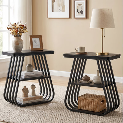 Table de bout en bois et en métal de 23,62 po, petite table d'appoint avec tablettes à 3 niveaux pour le salon et la chambre à coucher