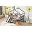 Lit simple mezzanine bas avec glissade, échelle, barrières de sécurité, structure de toit de maison, gris