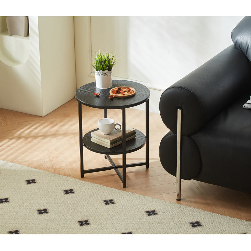 Table d'appoint ronde compacte à 2 niveaux, décor campagnard pour petits espaces, table de chevet avec tablette de rangement, noir