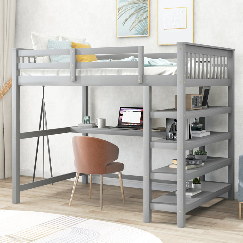 Lit mezzanine avec tablettes de rangement et bureau sous le lit, Gris, Lit double