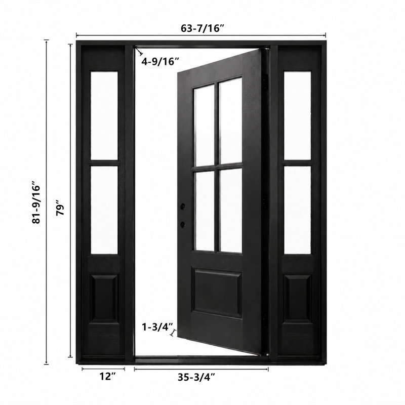 Porte d'entrée en fibre de verre avec 2 panneaux latéraux, porte d'entrée texturée en acajou, verre de pluie Low-E