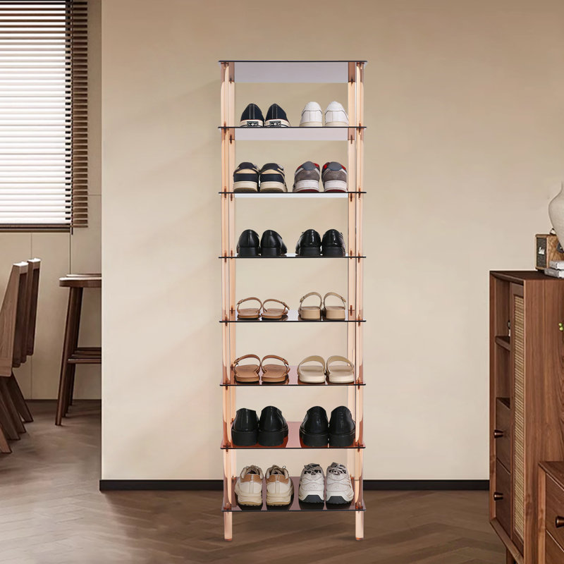 8 Tiers Tall Rectangular Acrylic Floorstanding Shoe Rack Shoe Storage Shelf For Entryway Brown Clear, Brown Clear
