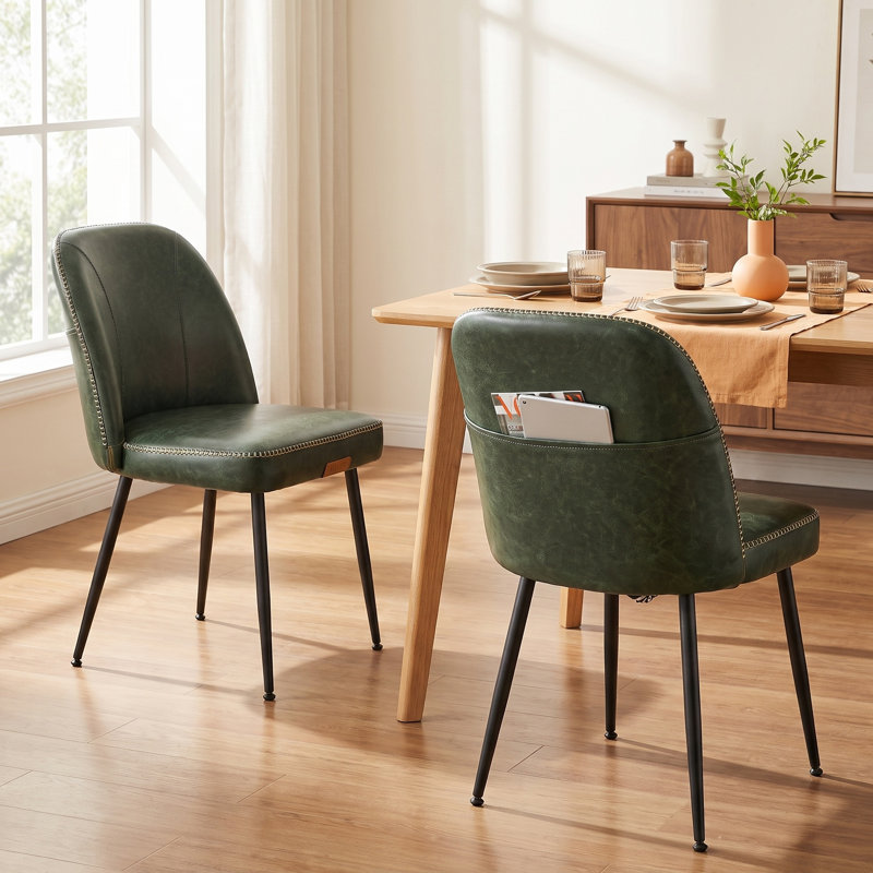 Chaises de salle à manger rembourrées de style Mid-Century en cuir synthétique avec poche de rangement, Vert