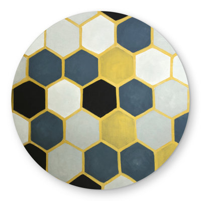 Blue and Gold Cells - Shapes Gold Round Outdoor Area Rug