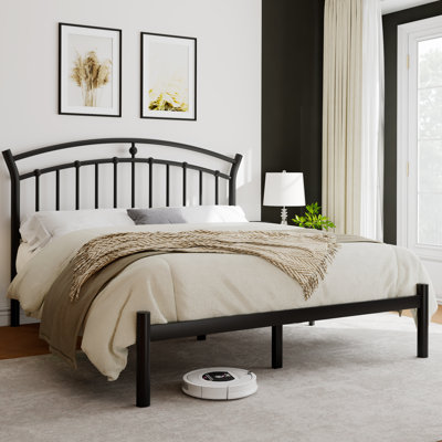  Lit plateforme double en métal avec tête de lit de style victorien, lattes en acier robustes, rangement sous le lit de 12 po, assemblage facile, noir