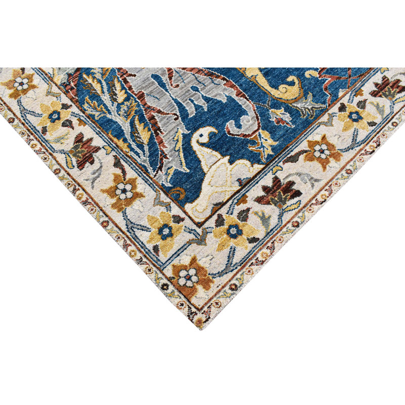 Wool Floral Area Rug in Blue/Yellow/Beige, Rectangle 8' x 10'