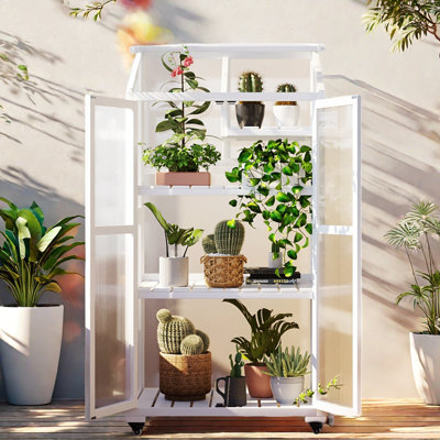 Height Wood Large Greenhouse Balcony Portable Cold Frame With Wheels, Adjustable Shelves And Openable Roof