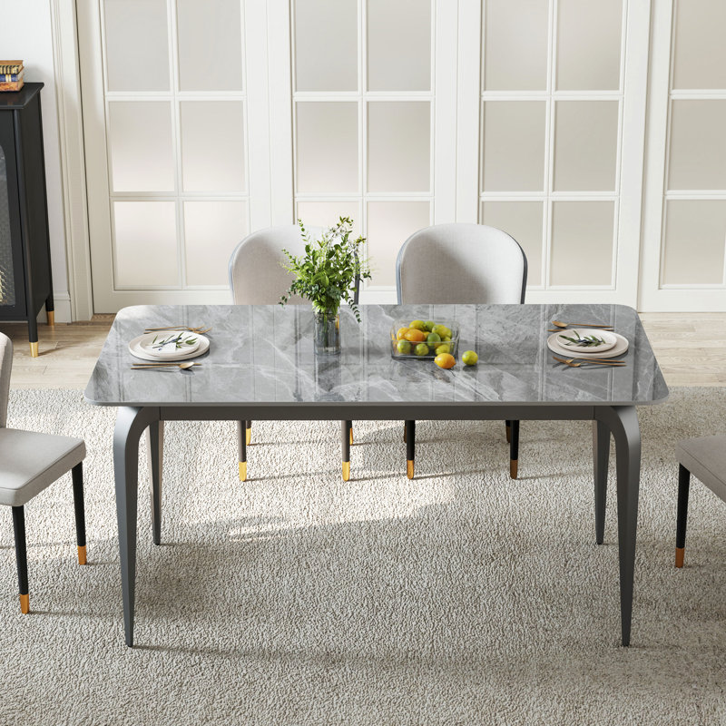 Krystah Rectangular Large Corner of Sintered Stone Ceramics Dining Table with Metal legs, Grey, 29" H x 59" L x 32" W